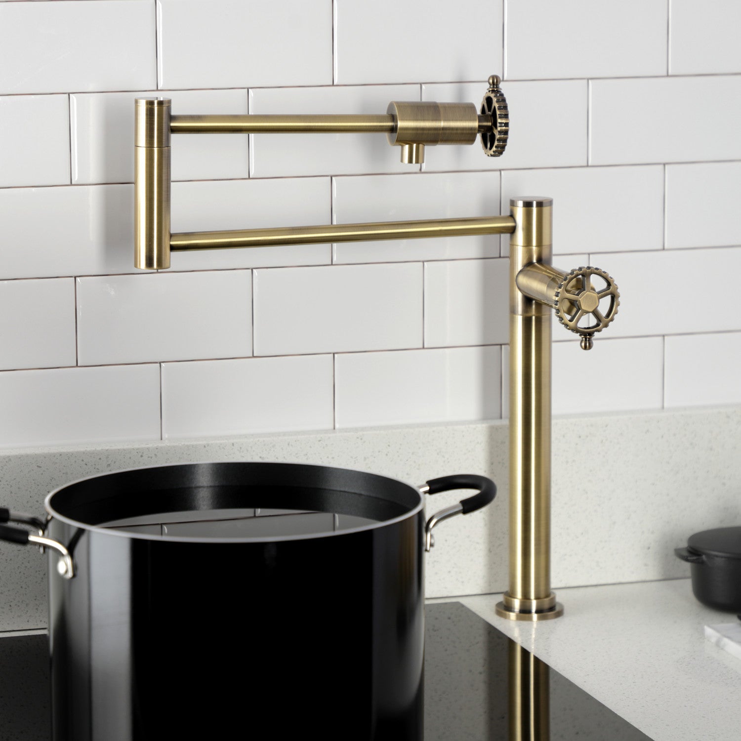 Kingston Sona KS4703CG - Fuller Two-Handle 1-Hole Deck Mount Pot Filler Faucet, Antique Brass — thumbnail 3